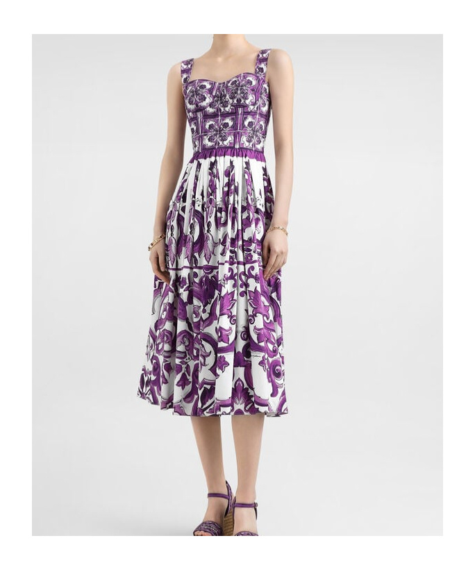 Dolce & Gabbana Women Cotton Midi Dress With Maiolica Print In Purple