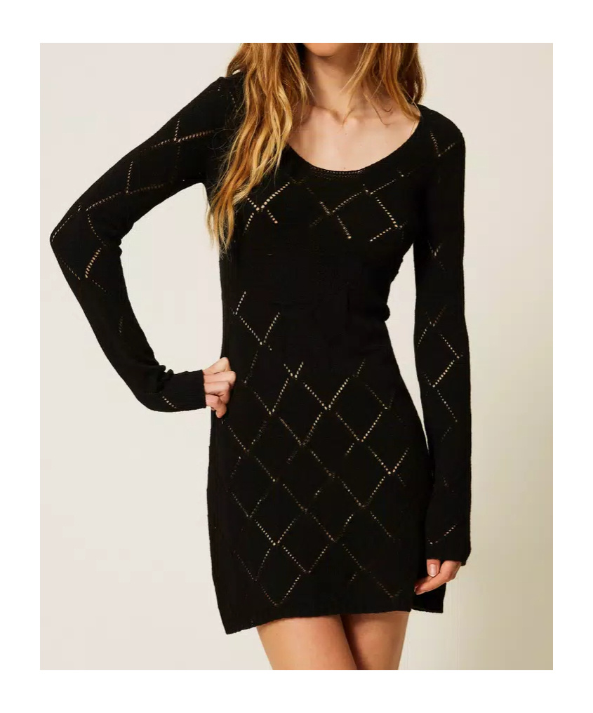 Twinset Diamond-pattern Long-sleeve Mini Dress In Black