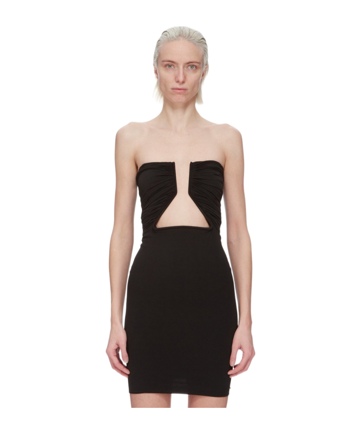 Rick Owens Prong Cutout Coated Denim Bustier Dress In Black
