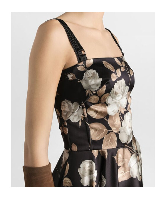 Dolce & Gabbana Vintage Rose Print Satin Dress In Black