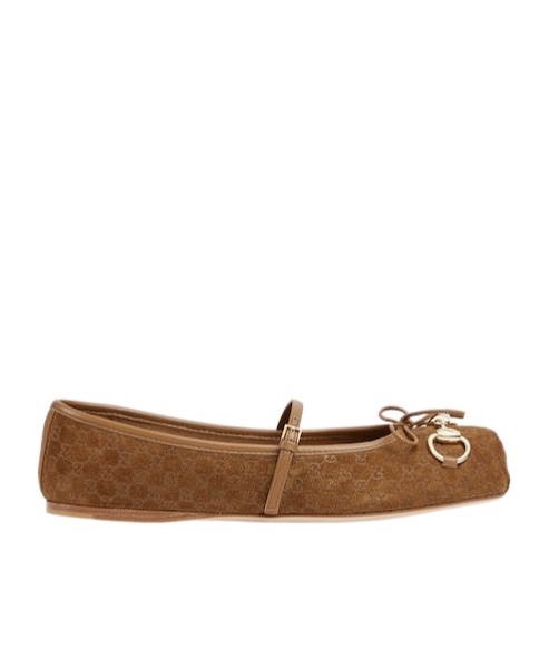 Gucci Beige Ballet Shoes With Horsebit And Bow Detail In Gg Canvas Woman In Brown