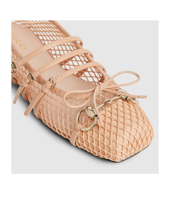 Gucci Horsebit Leather-trimmed Mesh Ballet Flats In Pink