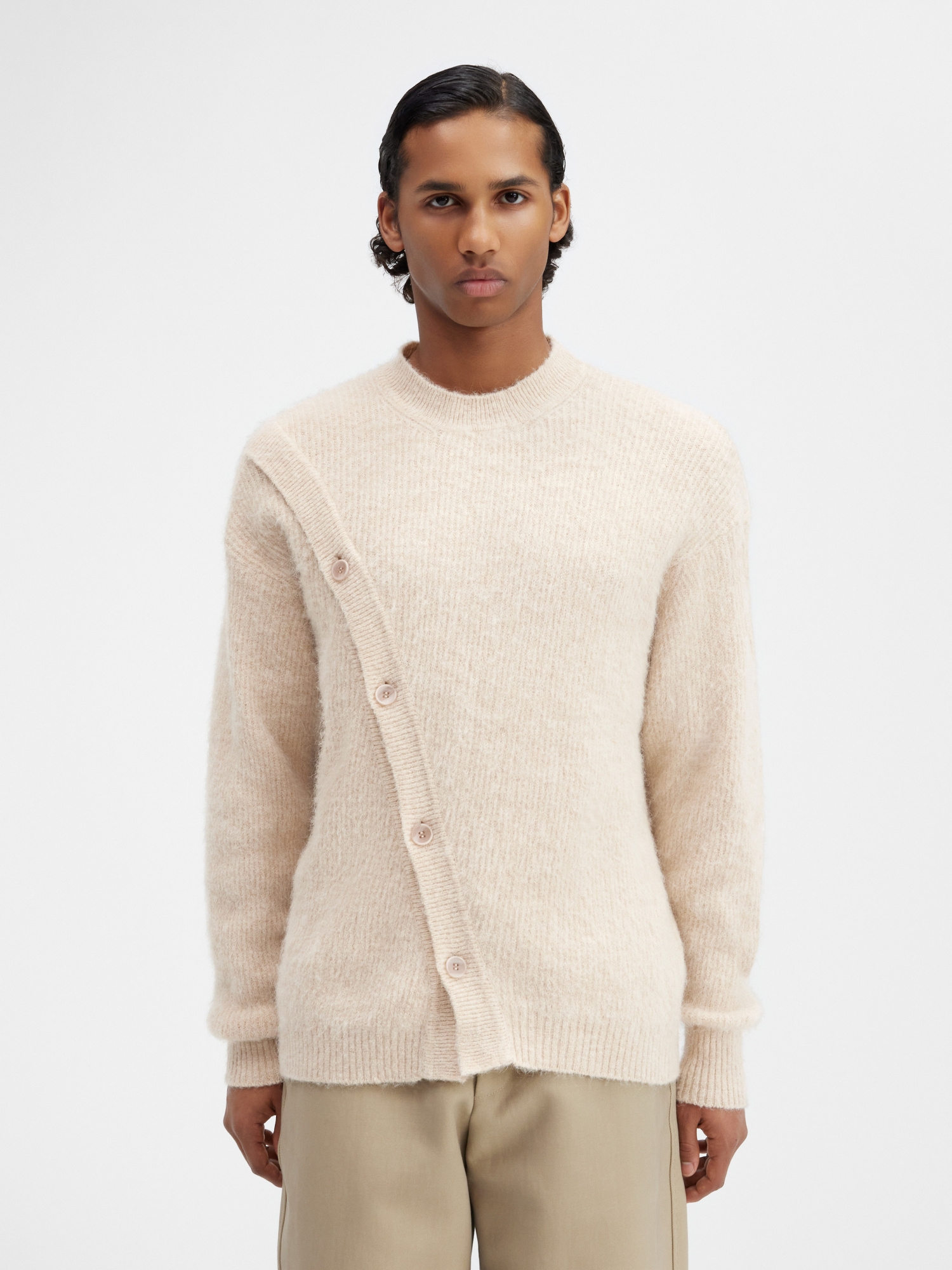 Jacquemus Asymmetrical Buttons Crewneck Knit Sweater In Nude