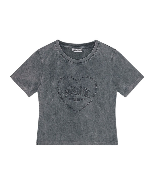 Ganni Cotton T-shirt Featuring Heart Embroidery In Gray