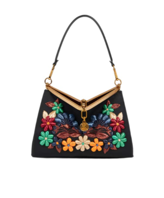 Etro Medium Vela Bag With Flowers In Black