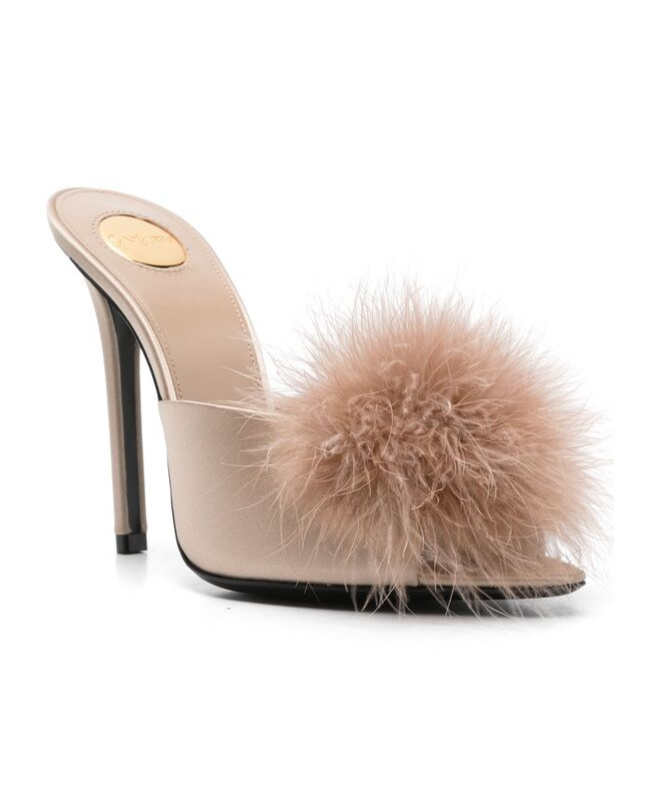 Saint Laurent Goldie Feather-trimmed Satin Mules In Nude