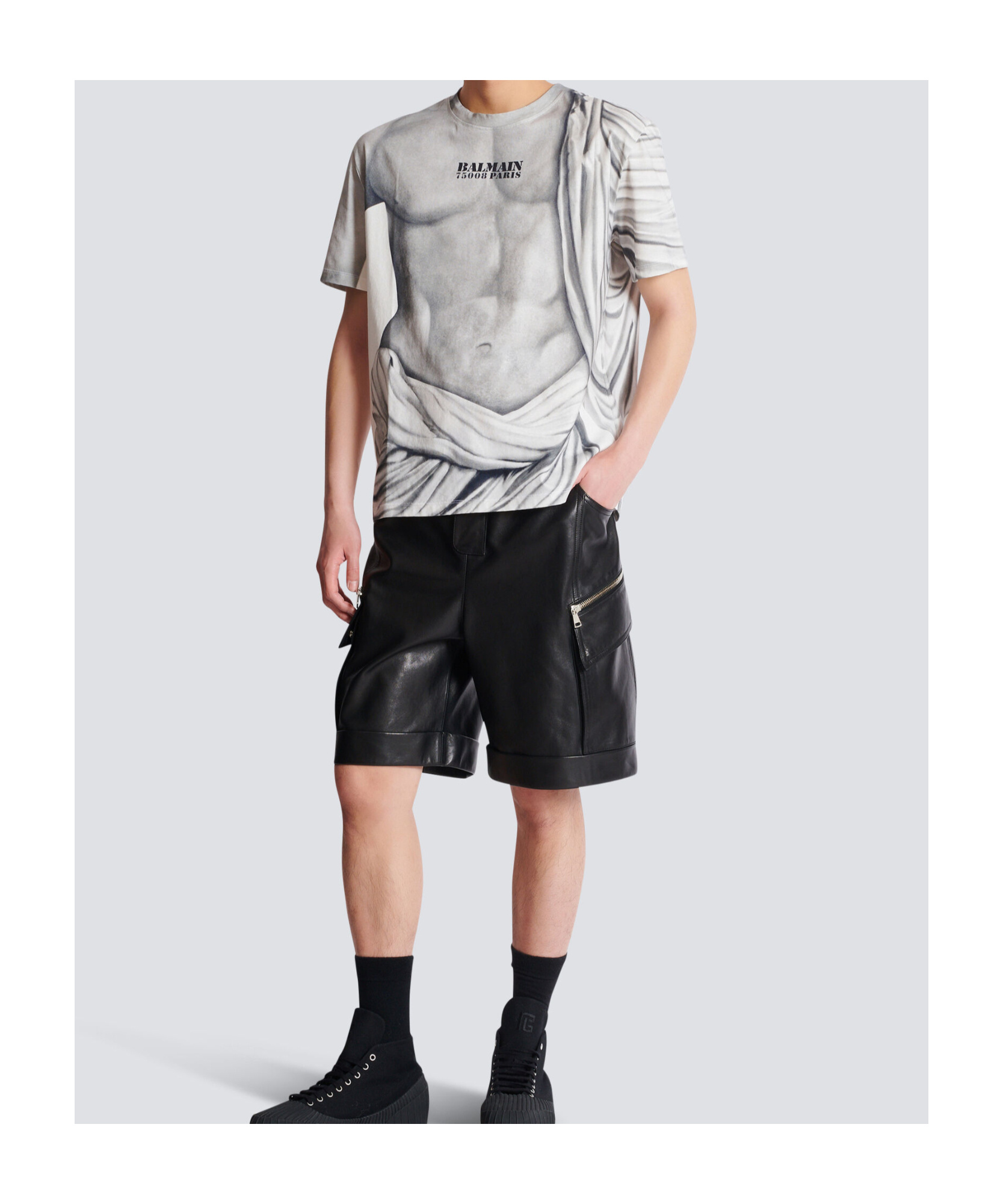 Balmain Front Graphic Round Neck T-shirt In Gray