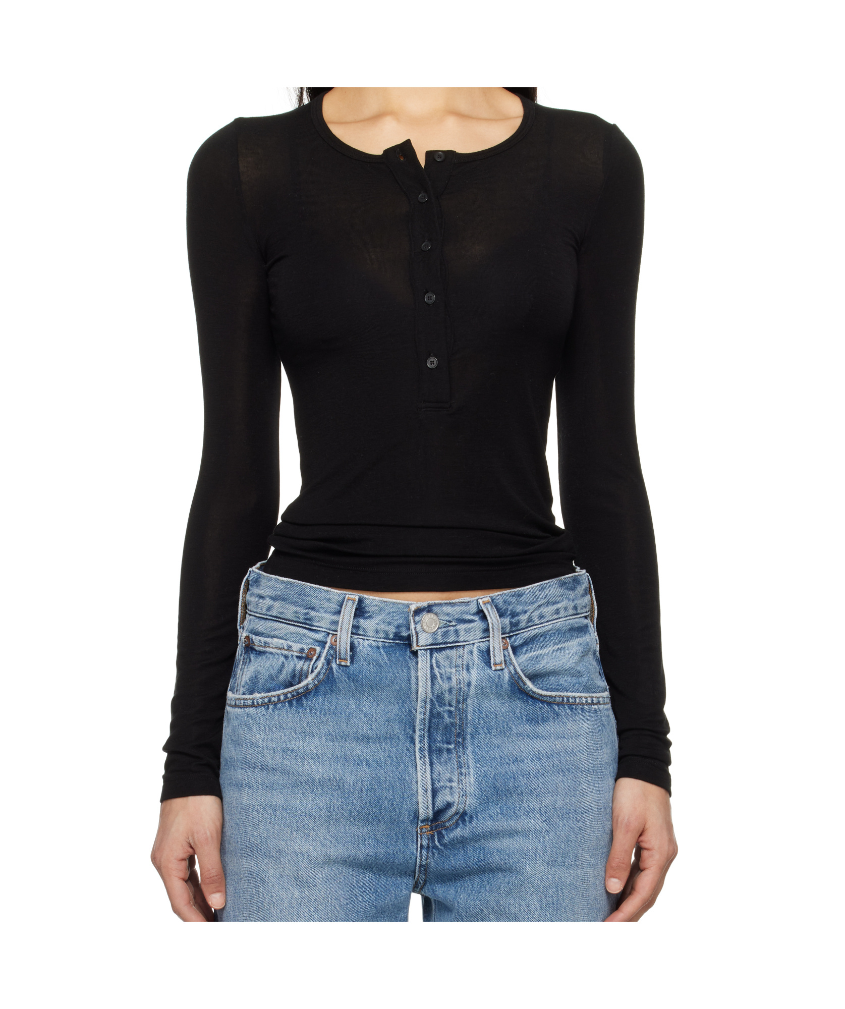 Agolde Long Sleeve Henley Shirt In Black