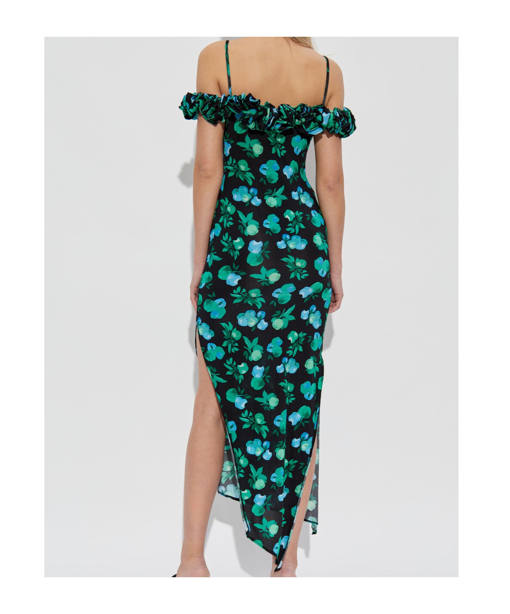 Coperni Apple-print Ruffle Off-the-shoulder Midi Dress In Black