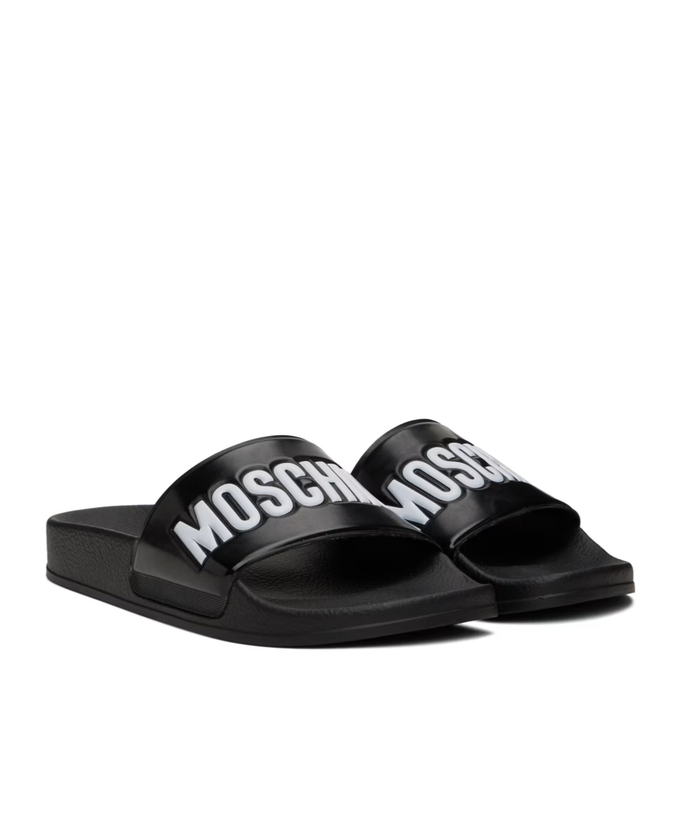 Shop Moschino Front Logo Slippers In Black