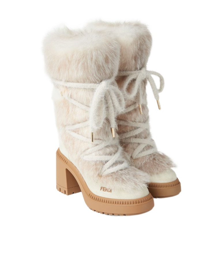 Fendi Medium-heeled Boots In White Shearling And Suede In White