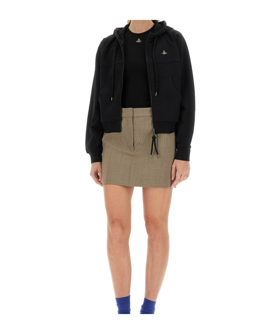 Vivienne Westwood Cropped Black Hoodie With Zipper Closure And Ribbed Details In Brown