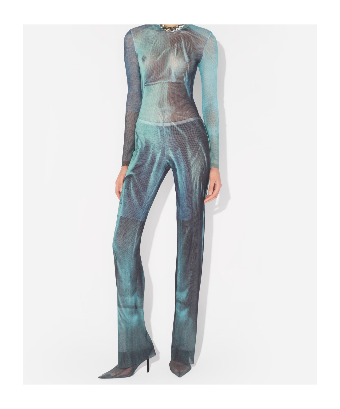 Jean Paul Gaultier Mesh Pants Printed Medaillon Woman Indigo In Blue