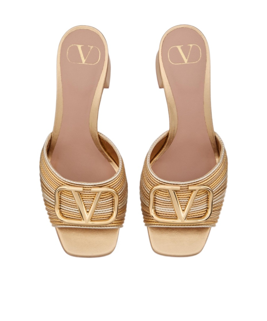 Valentino Garavani Vlogo Signature Metallic Slide Sandal With Cornely Embroidery 60mm Woman Gold 41 In Nude
