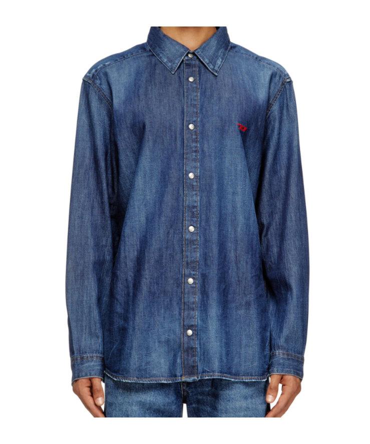 Diesel Denim Shirt With Embroidered Logo In Blue