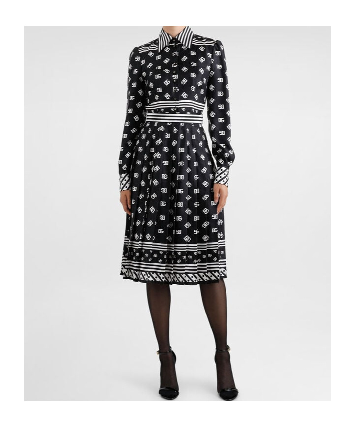 Dolce & Gabbana Dg Logo-print Silk Shirt Dress In Black