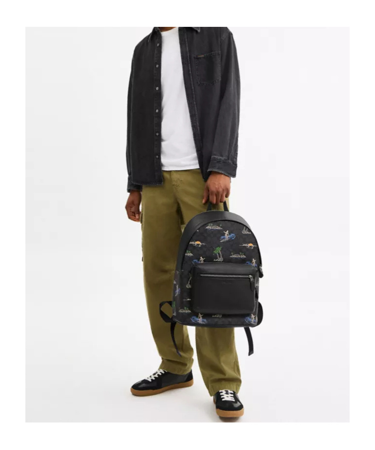 Coach West Backpack In Signature Canvas With Surf Print In Black
