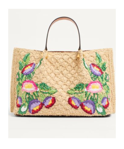Valentino Garavani Beige Handbag With Metallic Vlogo On The Front And Floral Embroidery In Raffia Wo In Nude