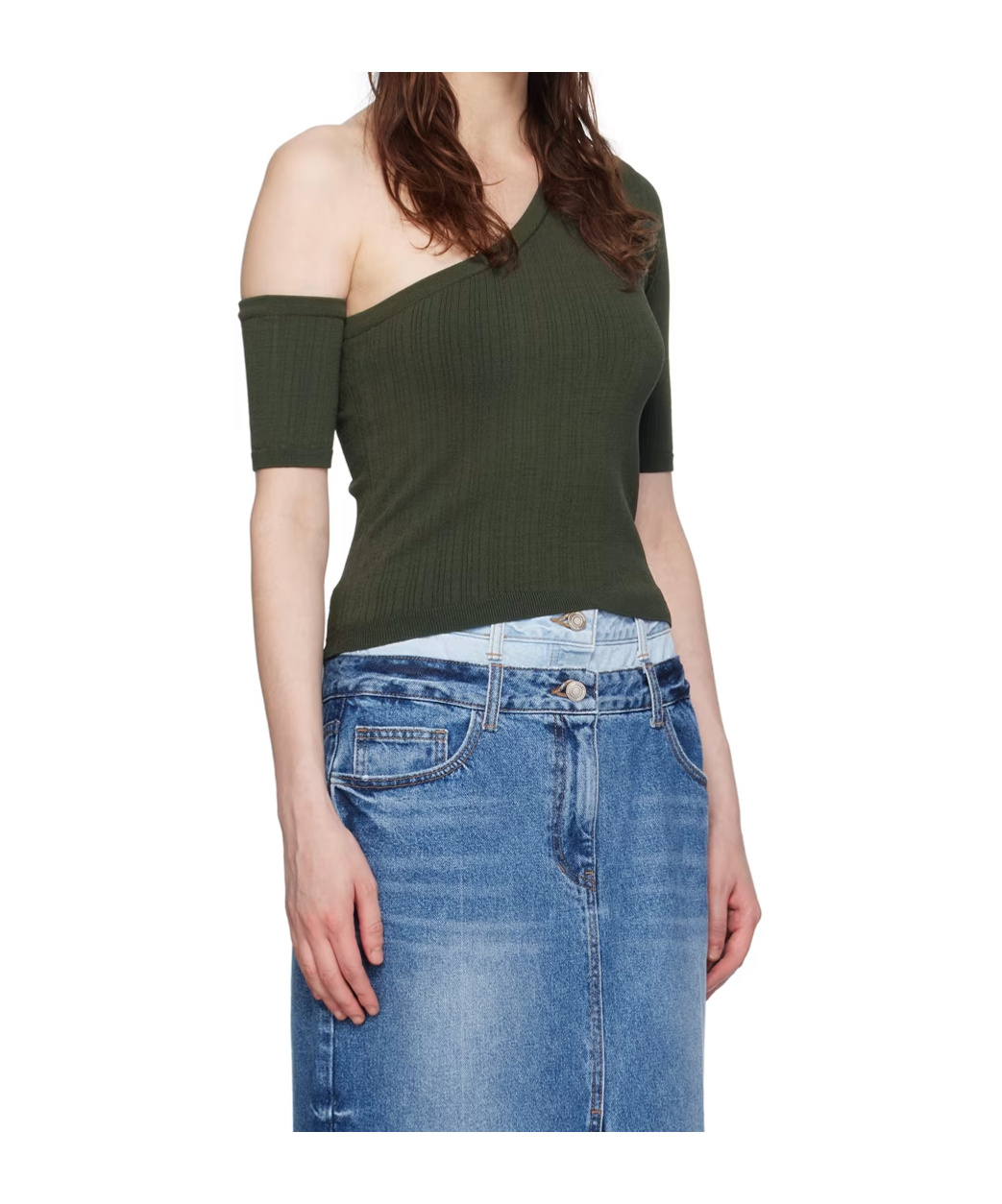 Juunj Ribbed-knit One-shoulder Top In Green