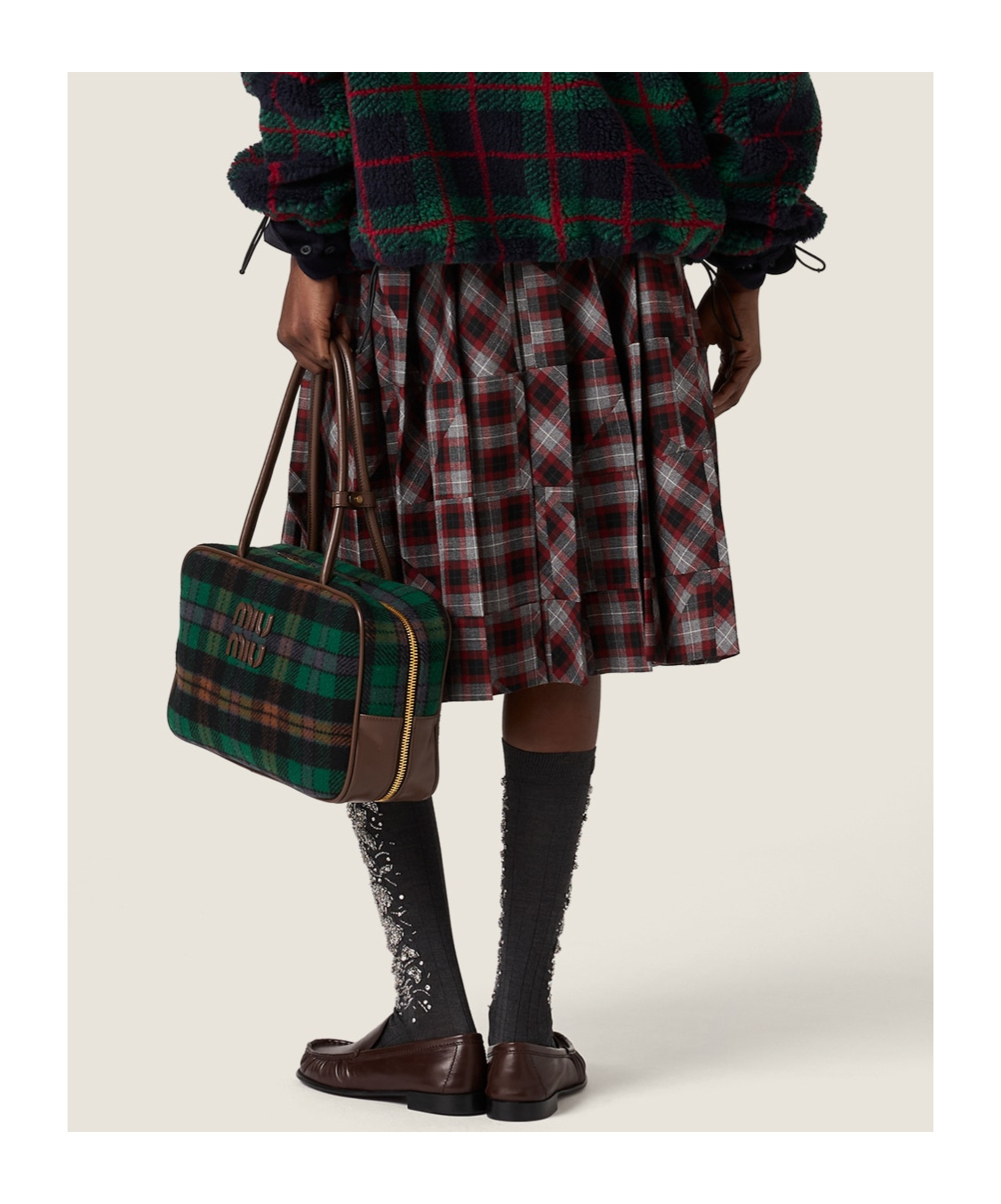 Miu Miu Tartan Patchwork Midi Skirt In Multi