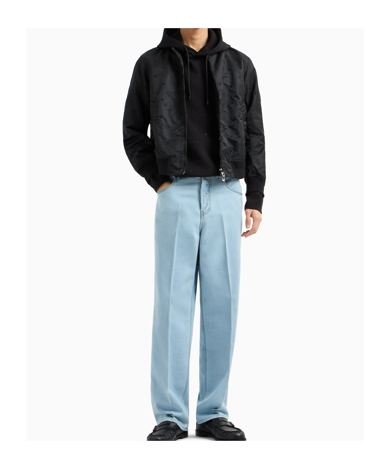 Emporio Armani Double-jersey Hooded Sweatshirt With All-over Micro Eagle Embroidery In Black