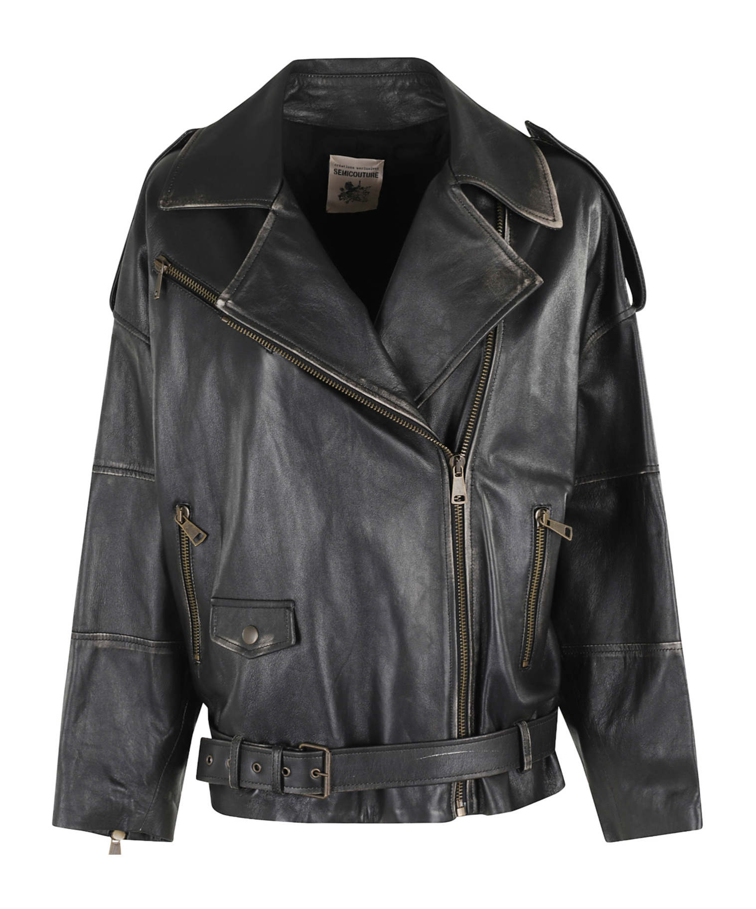Semicouture Zippered Long-sleeved Leather Jacket In Black