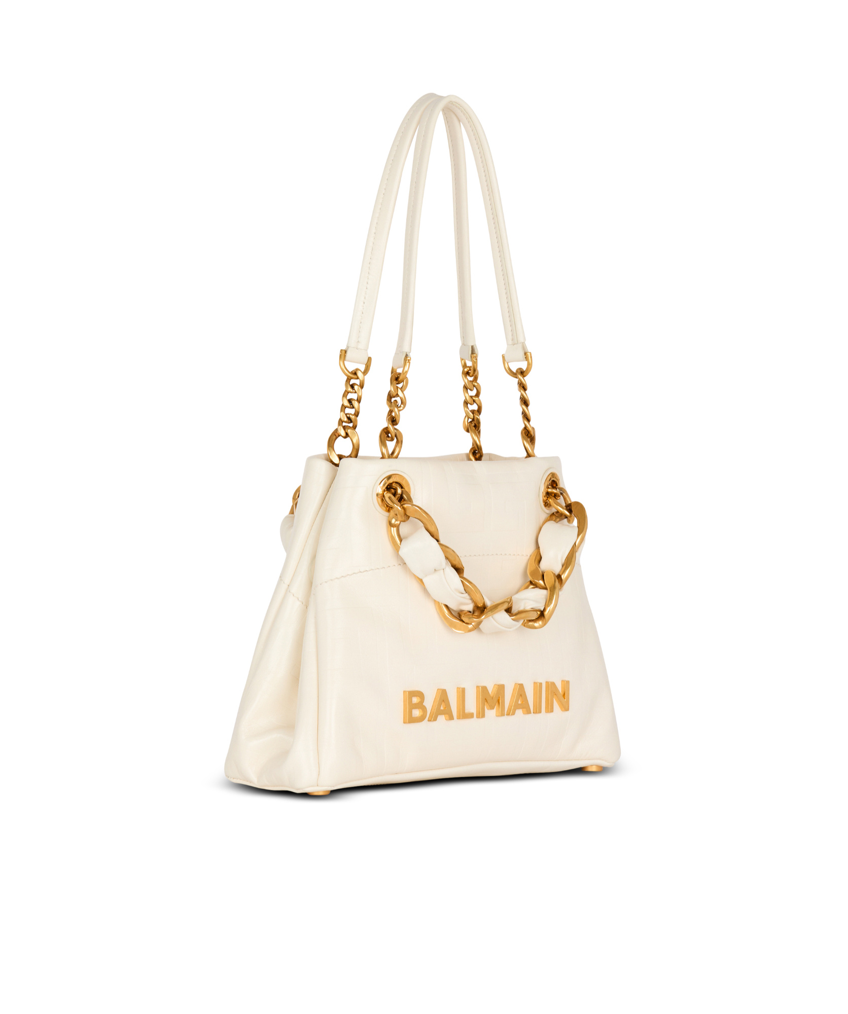 Balmain Small 1945 Soft Bag In Embossed Crackled Calfskin With A Pb Labyrinth Monogram In Nude