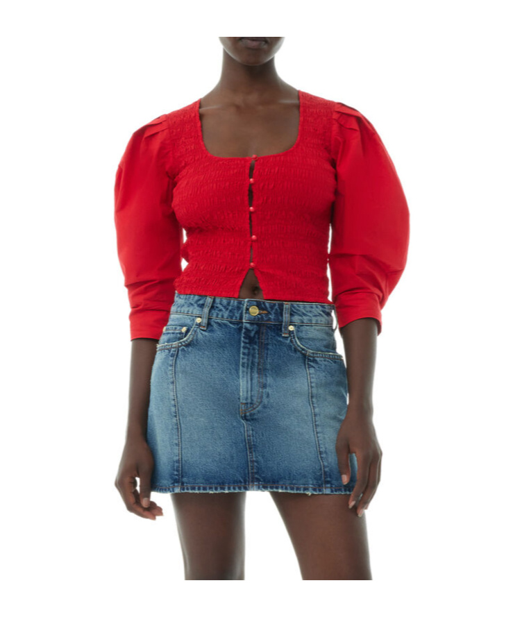 Ganni Smocked Poplin Blouse In Red