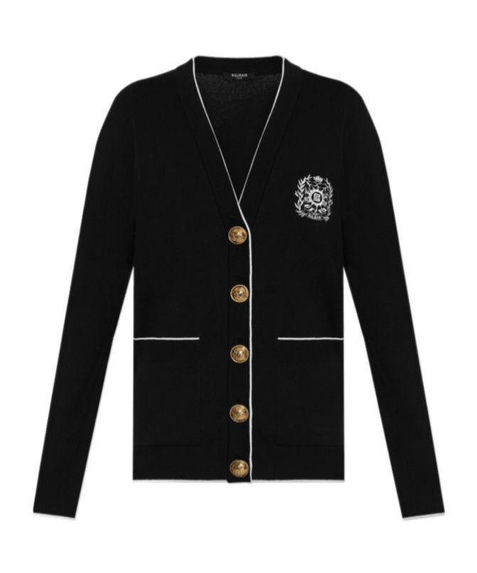 Balmain Emblem Embroidered Knit Cardigan In Black
