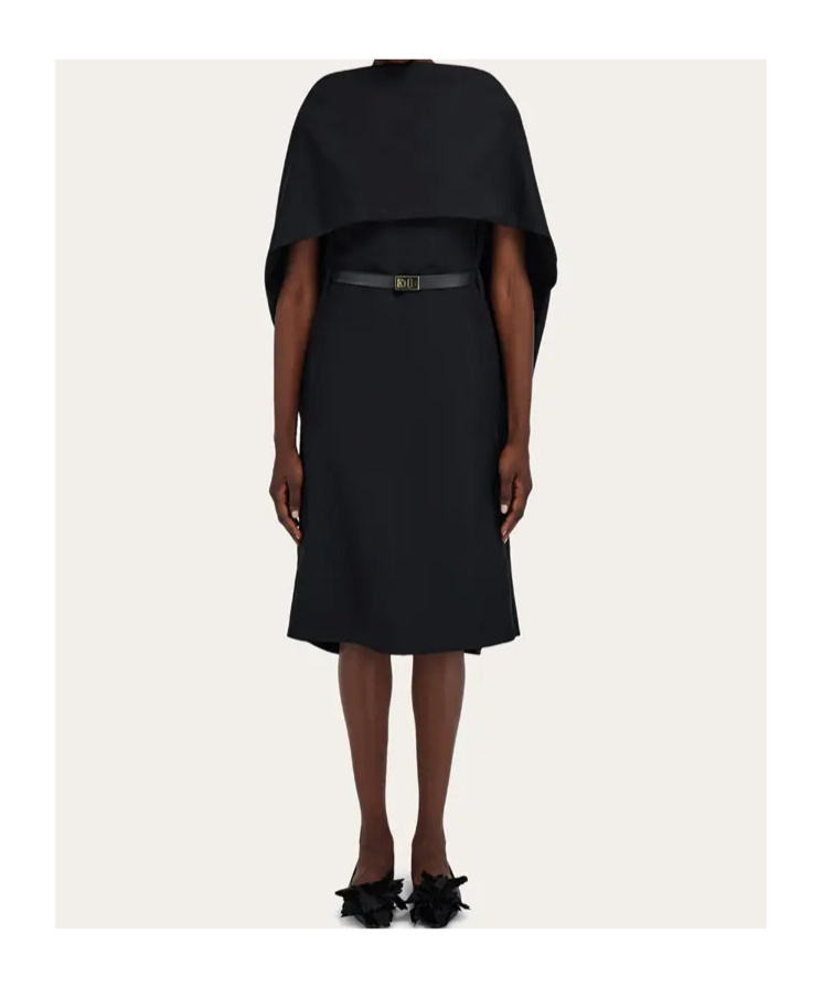 Ferragamo Belted Midi Dress With Billowing Front Panel In Black