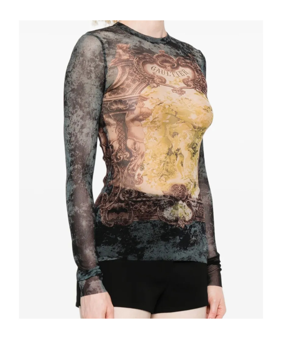 Jean Paul Gaultier Baroque-print Mesh T-shirt In Blue