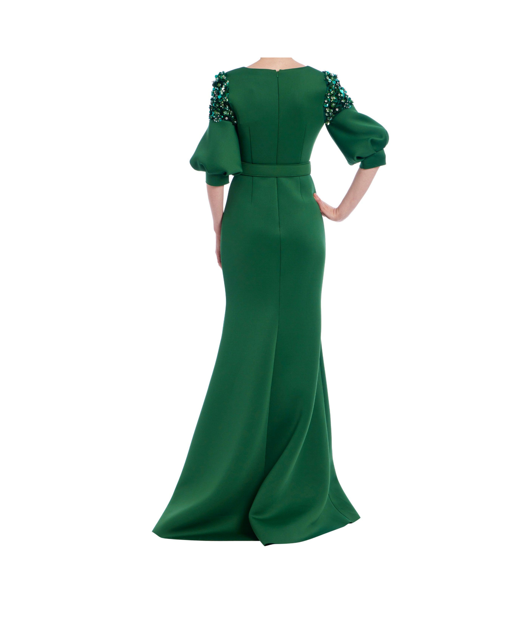 Badgley Mischka Collection Embellished Short Sleeve Mermaid Gown In Green