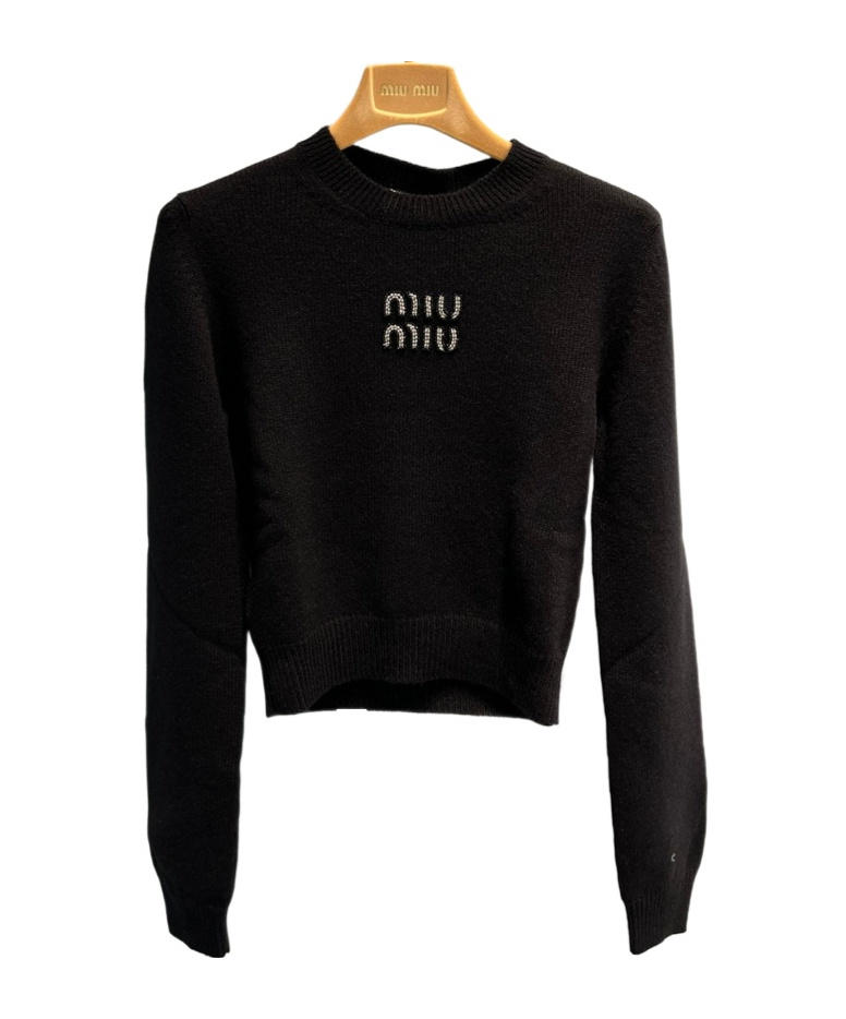 Miu Miu Logo Embellished Cropped Knit Sweater In Black