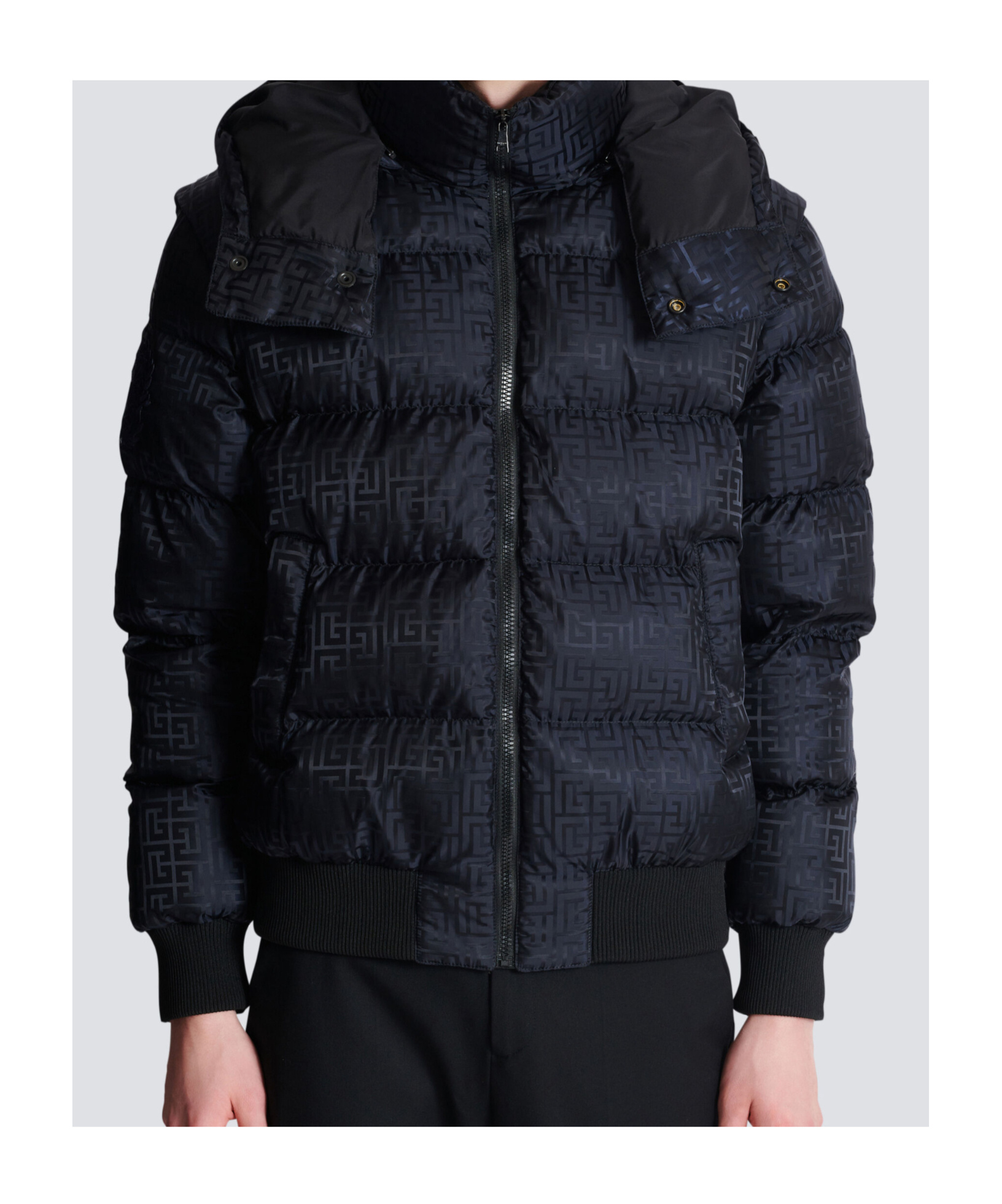 Balmain Short Nylon Jacquard Down Jacket With Black Monogram Men In Black