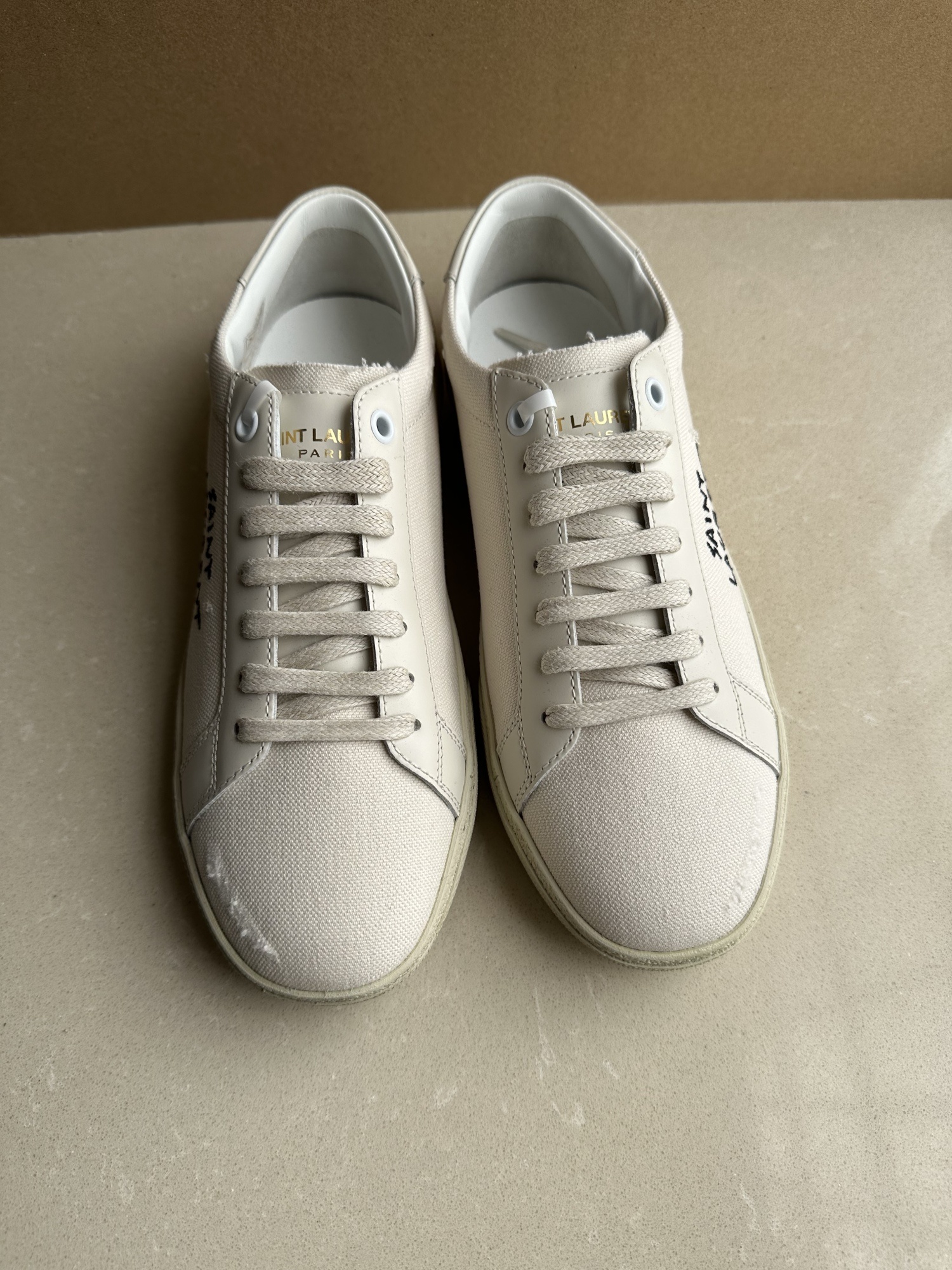 Saint Laurent Court Classic Distressed Logo-embroidered Canvas And Leather Sneakers In White