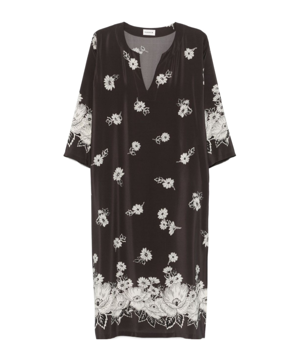 P.a.r.o.s.h Black And White Long Dress With V-neck And All-over Floral Printed Pattern In Silk Woman