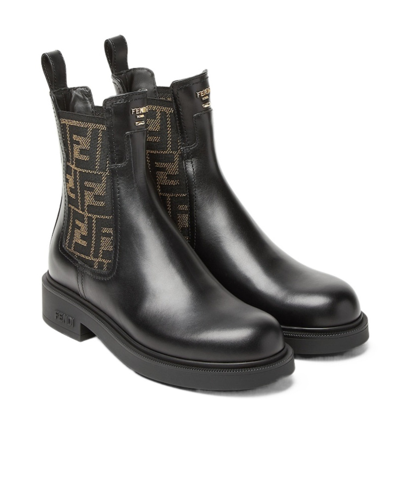 Fendi Black Leather And Ff Fabric Biker Jacket In Black