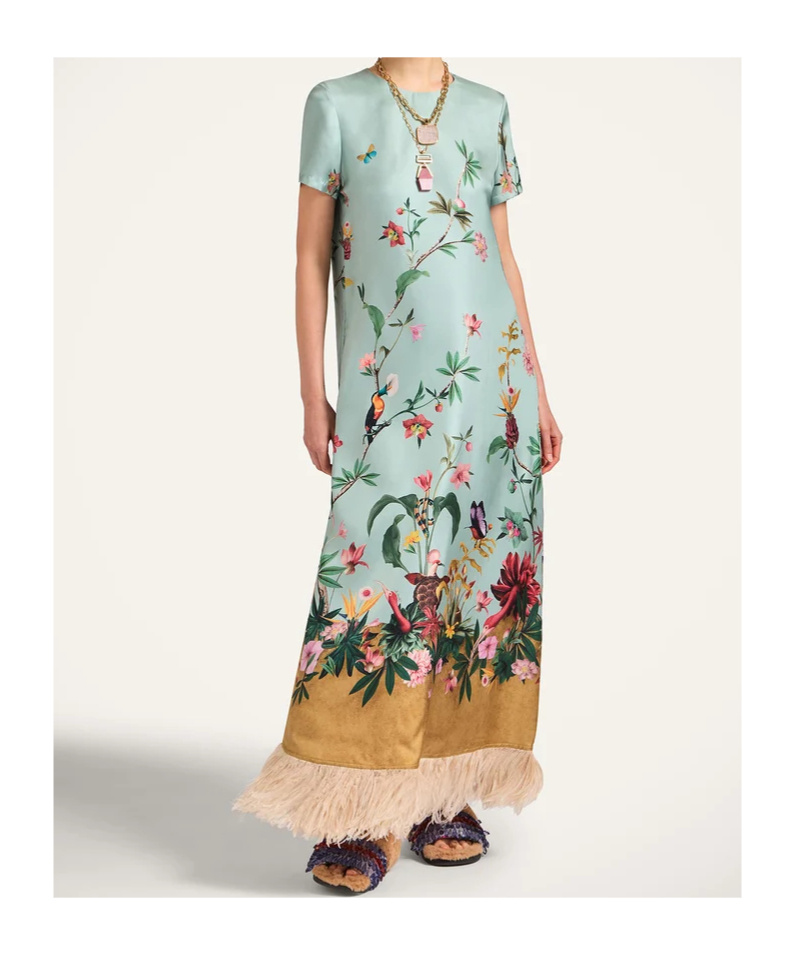 La Doublej Swing Feather-trimmed Printed Silk-twill Maxi Dress In Green