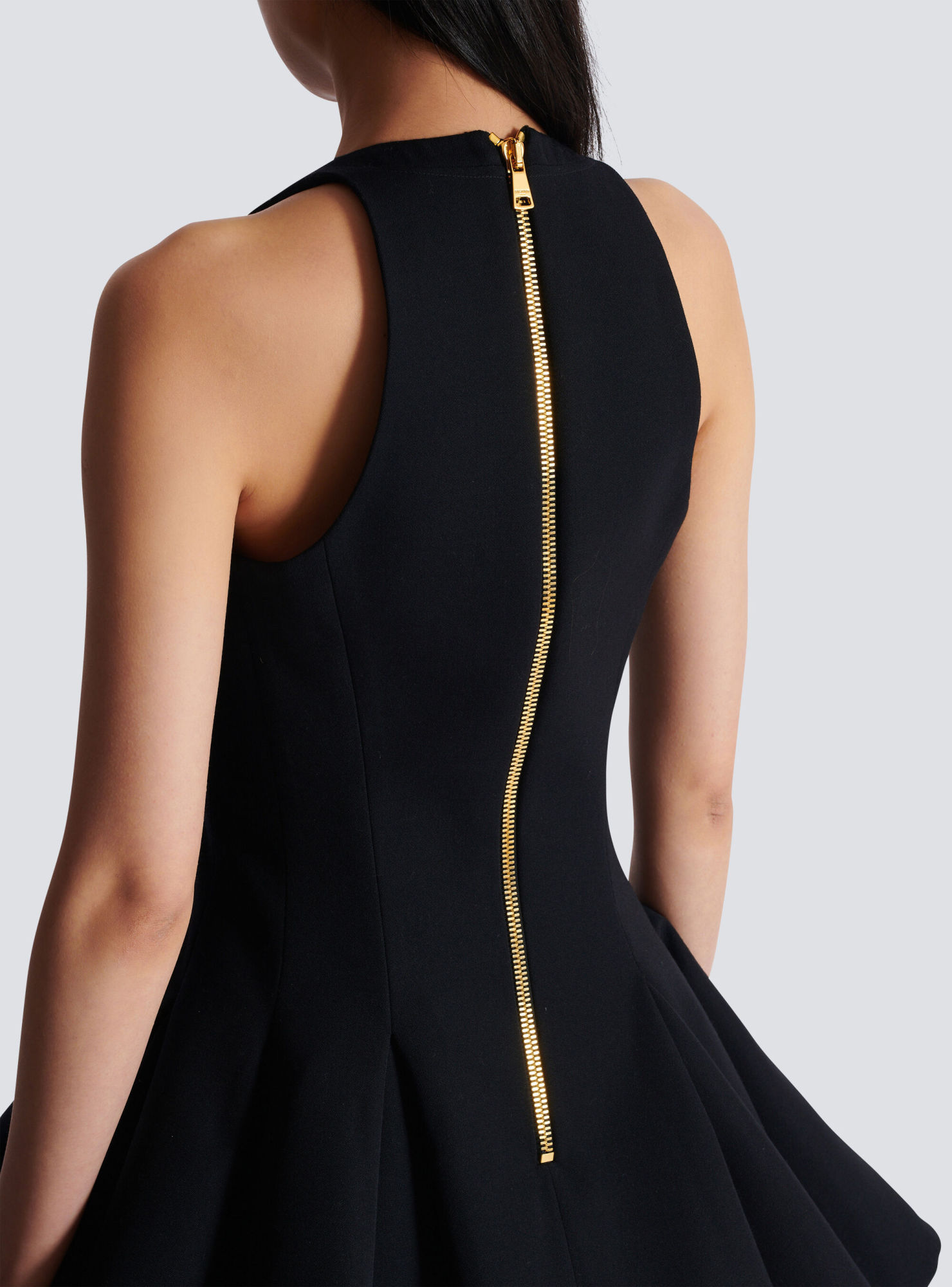 Balmain Flared Pleated Grain De Poudre Dress In Black