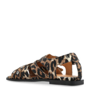 Ganni Feminine Buckle Flat Strap Sandals Leopard In Black