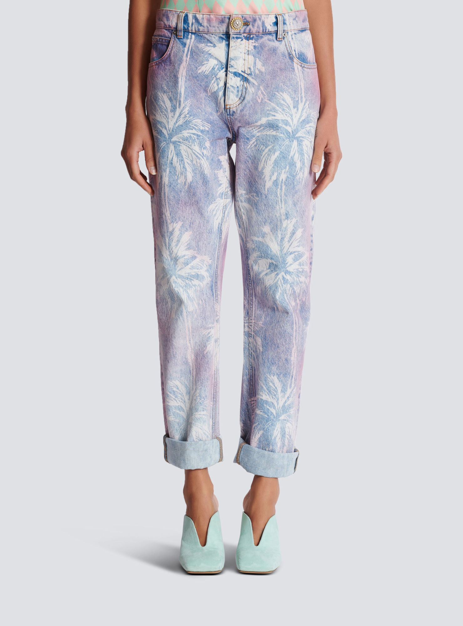 Balmain Palm Tree-print Boyfriend Jeans In Blue