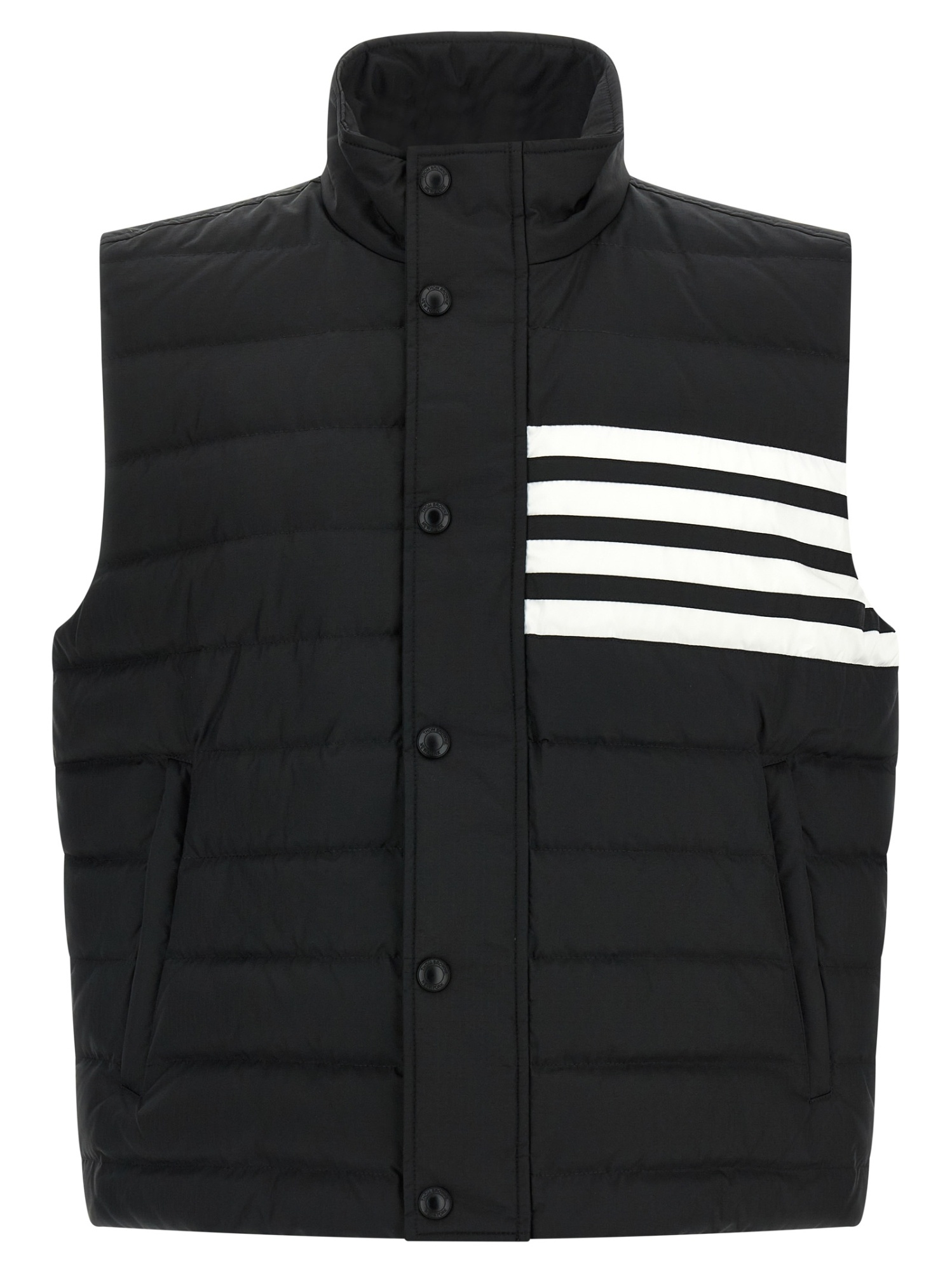 Thom Browne Striped High Neck Padded Sleeveless Vest In Black