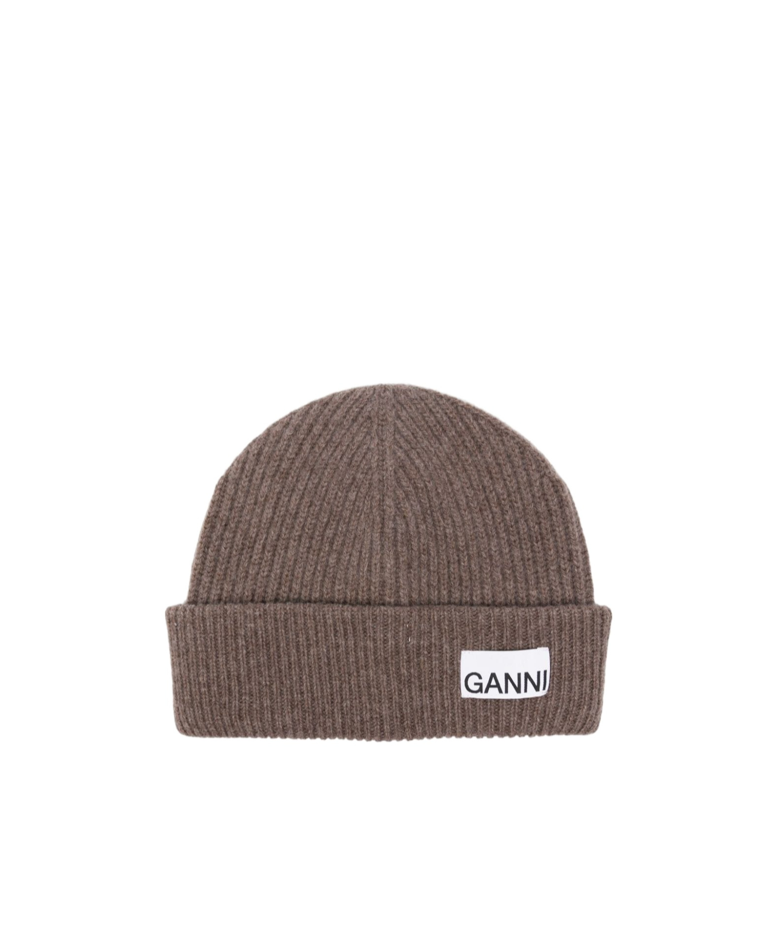 Ganni Logo-patch Ribbed Beanie In Brown