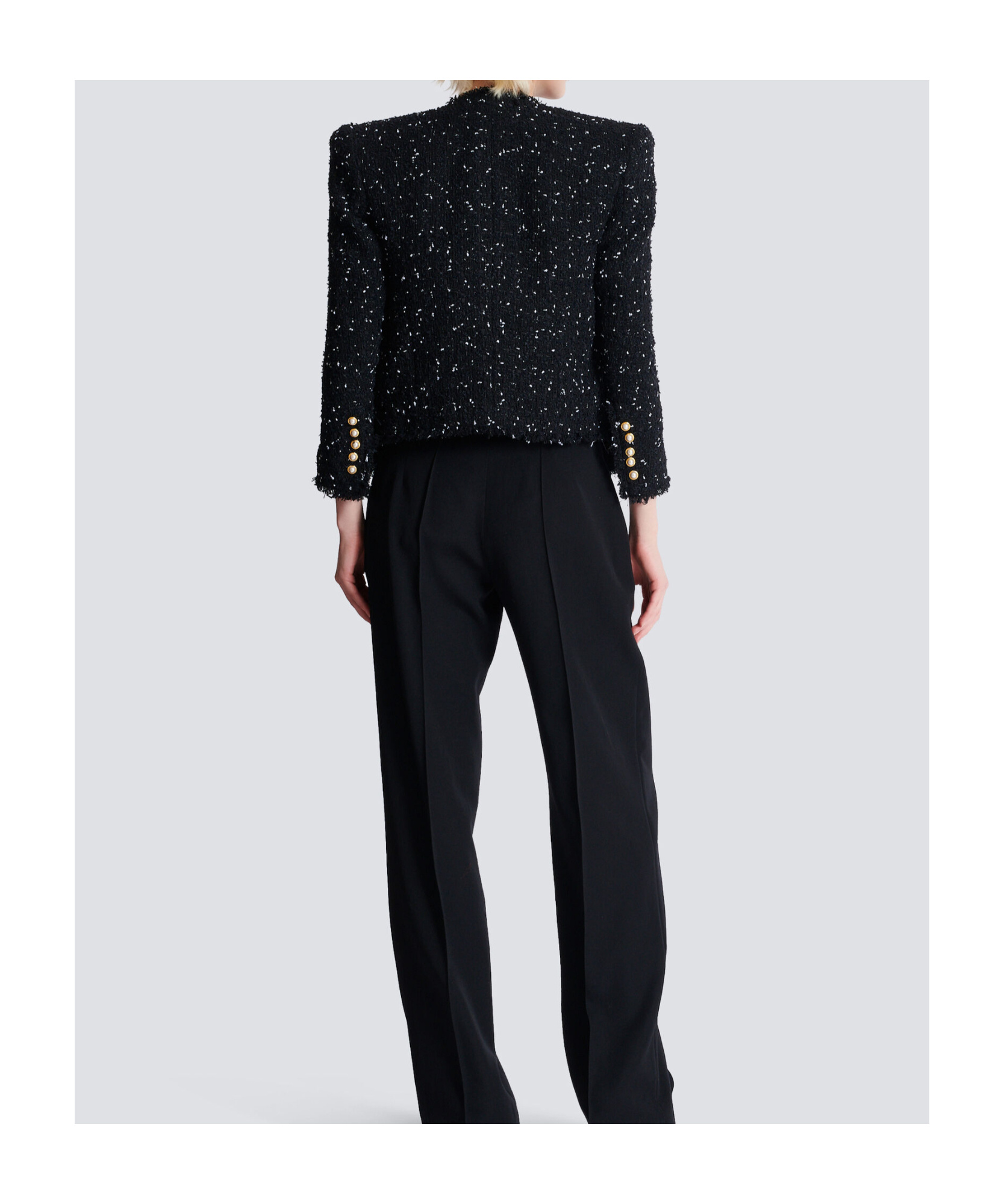Shop Balmain Cropped 8-button Jacket In Polka-dot Tweed In Black