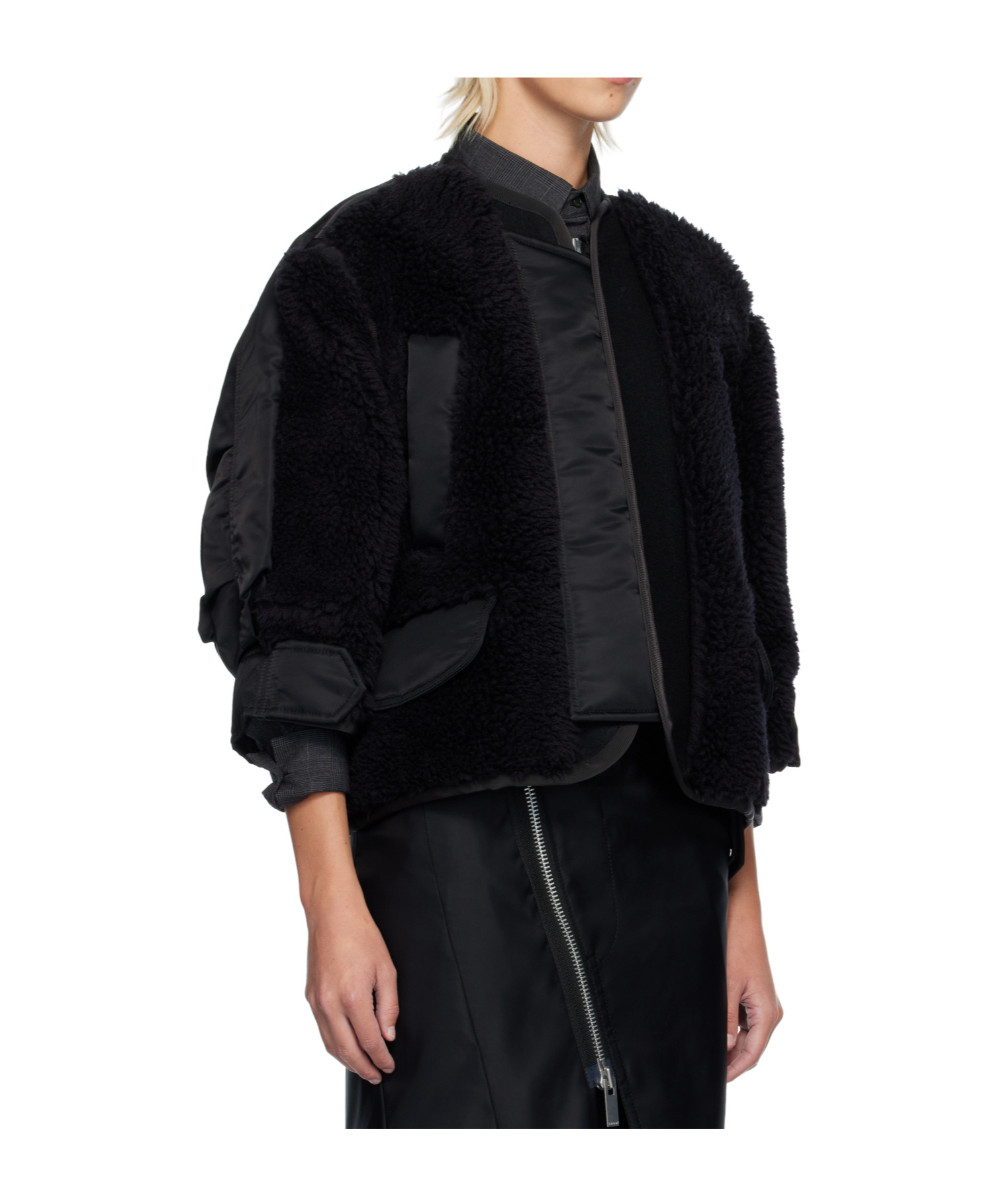 Sacai Faux Shearling X Nylon Twill Blouson In Black
