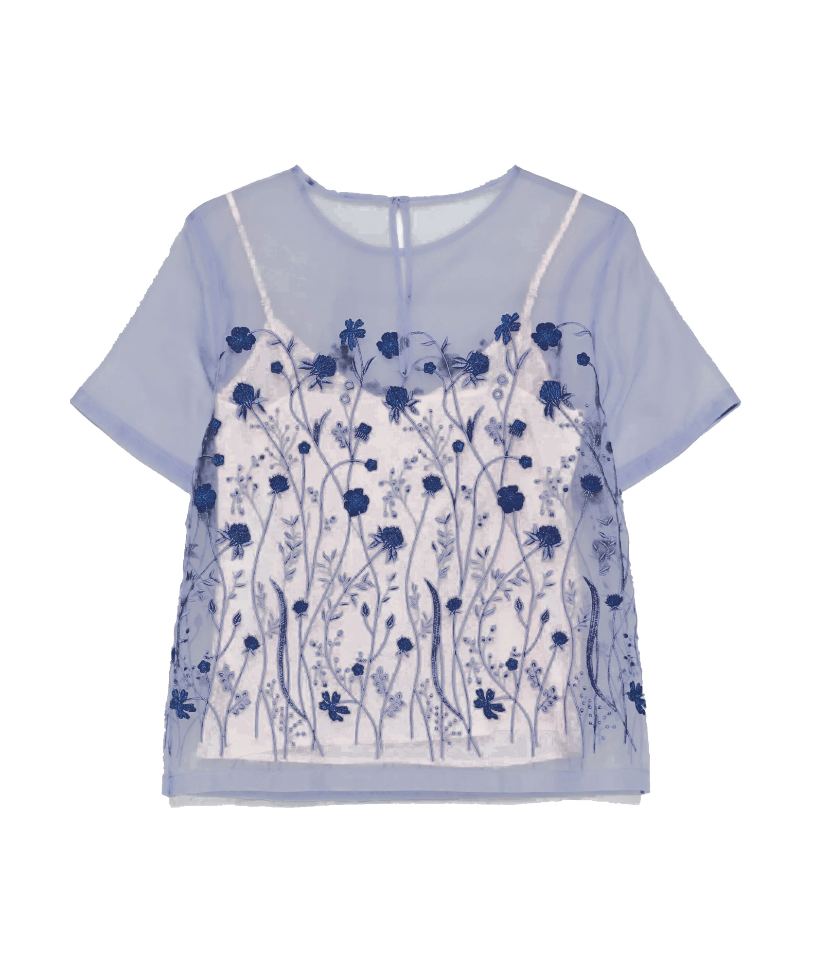 P.a.r.o.s.h Floral Embroidered Sheer Overlay Blouse With Keyhole In Navy
