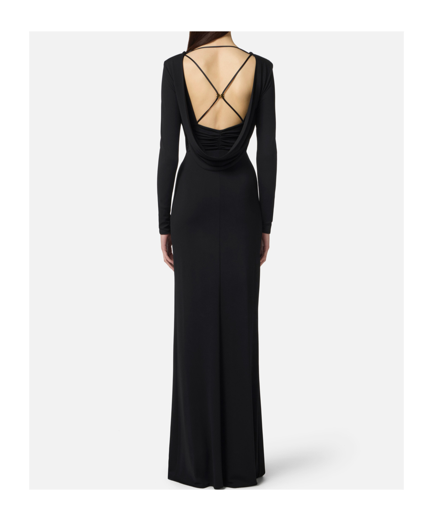 Elisabetta Franchi Draped Black Maxi Dress With Deep Neckline In Black