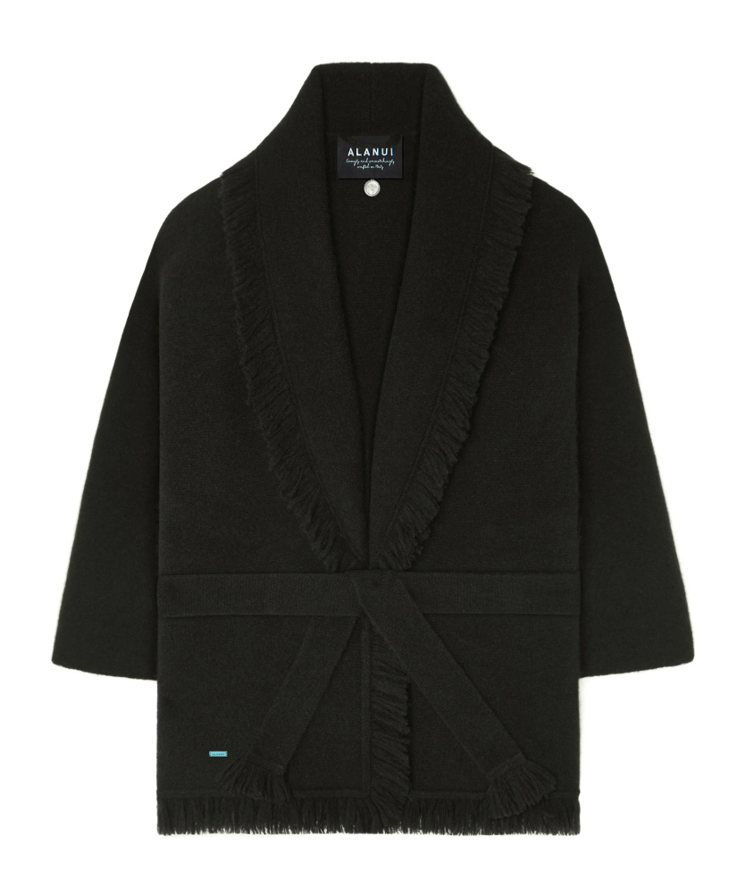 Alanui Luxe Fringed Long Shawl Collar Knitwear In Black
