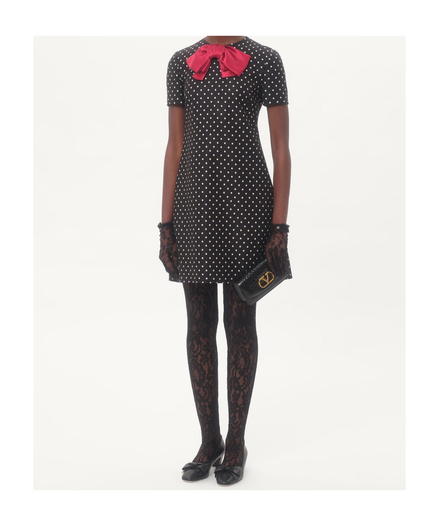 Valentino Mini Dress With Polka Dot Print And Bow Detail In Black