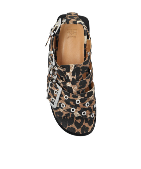 Ganni Feminine Buckle Flat Strap Sandals Leopard In Black